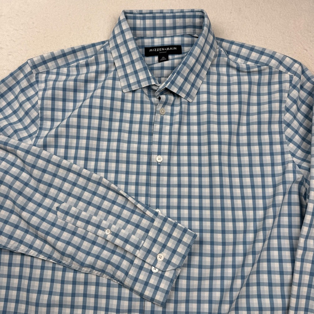 Mizzen+Main Leeward Shirt Mens XL Blue Gingham Trim Fit Stretch Performance